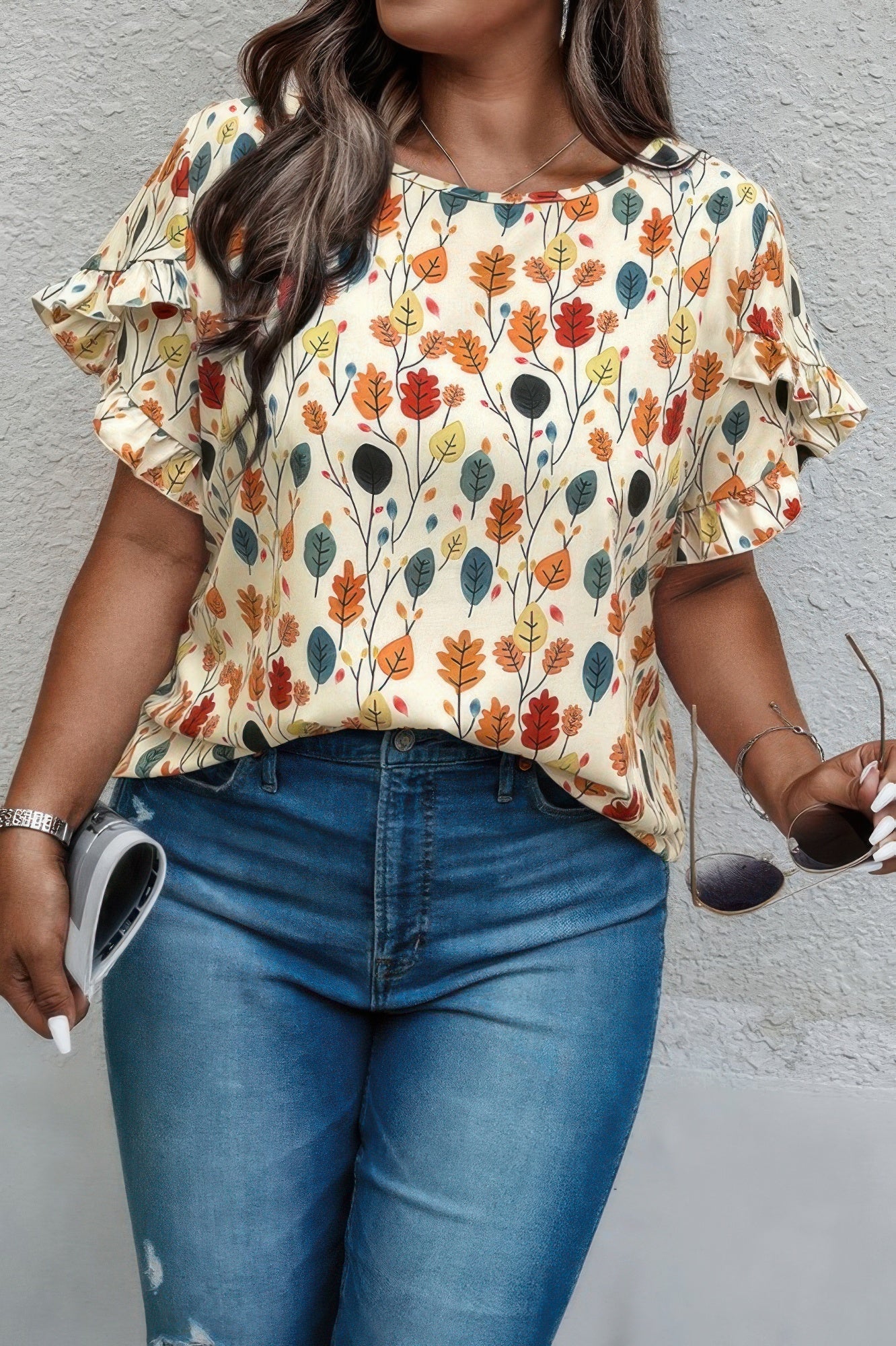 Front view of Plus Round Neck Floral Flounce Sleeve Loose Shirt showing neckline and sleeve details (95% polyester and)