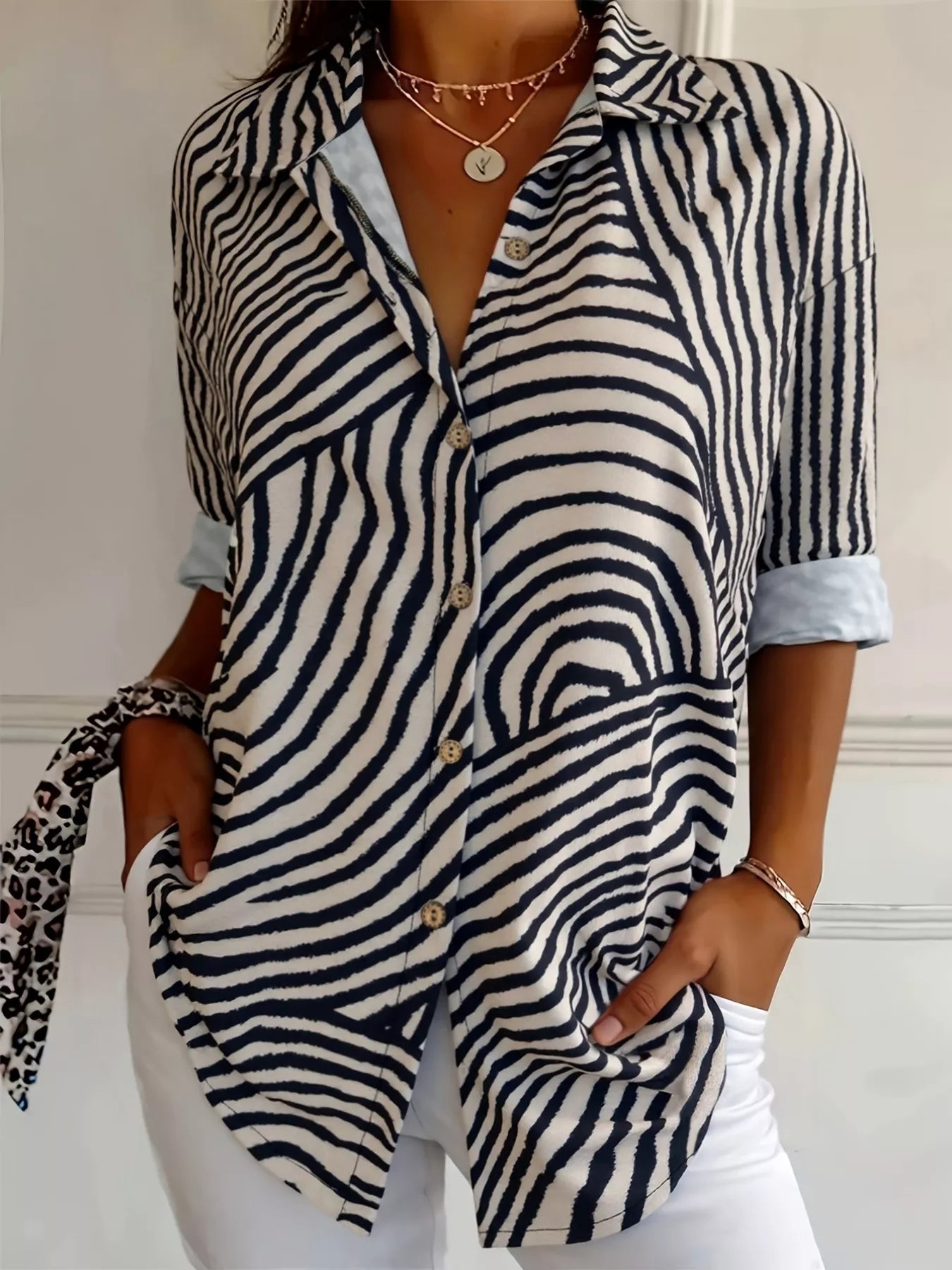 Plus Size Abstract Zebra Print Button - Down Shirt - Rochelle's House LLC