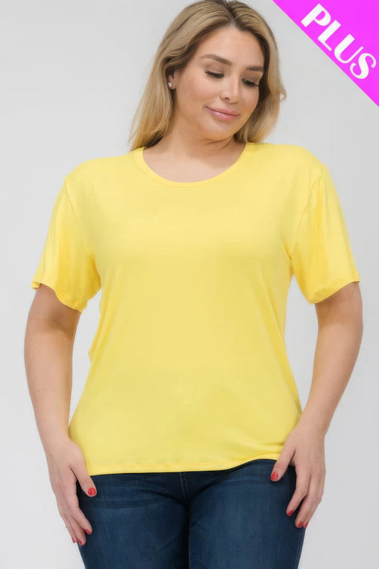 Front view of Plus Size Basic Short Sleeve T-shirt showing neckline and sleeve details (92% polyester and)