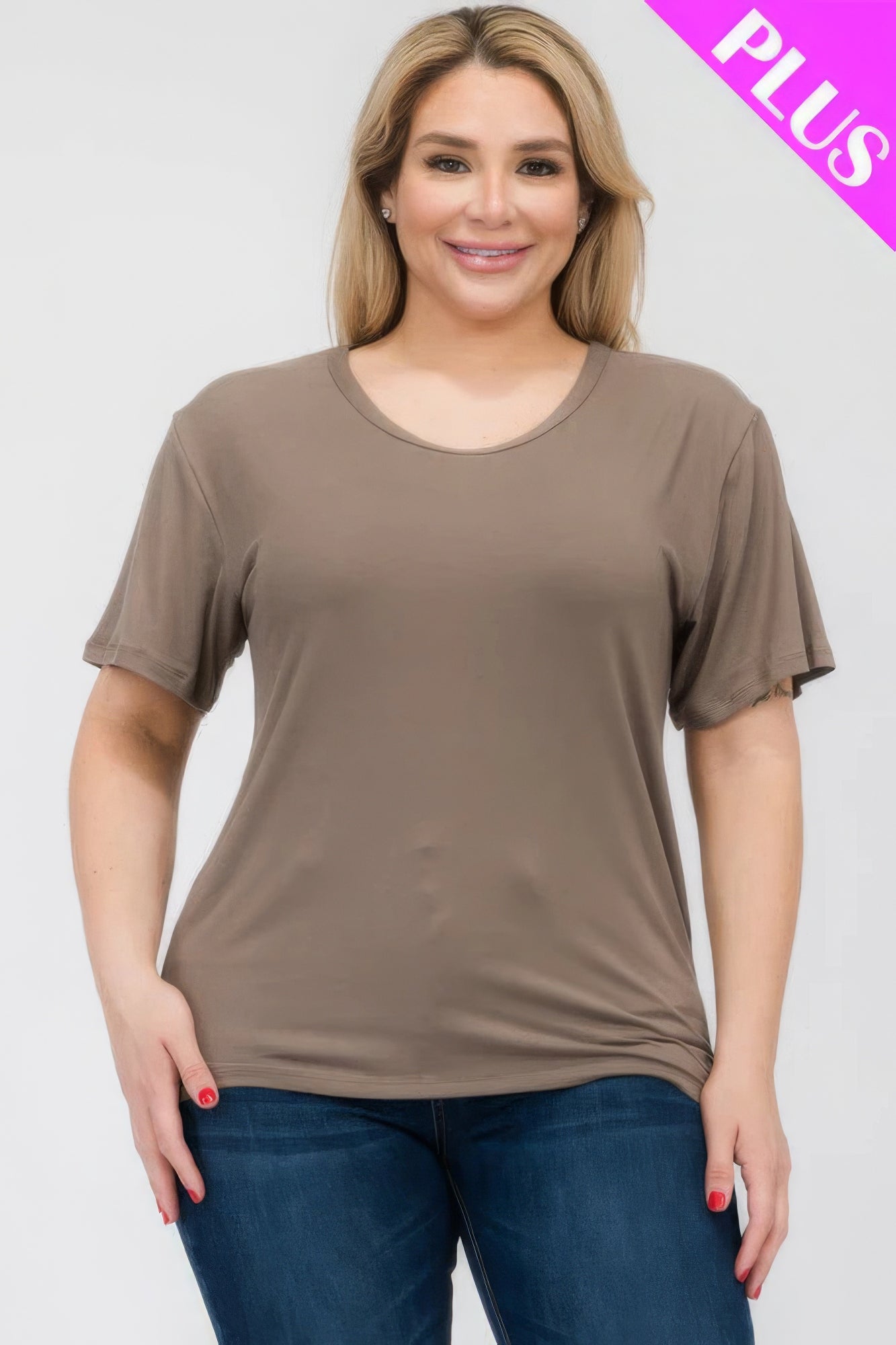 Front view of Plus Size Basic Short Sleeve T-shirt showing neckline and sleeve details (92% polyester, 8% spandex blend)