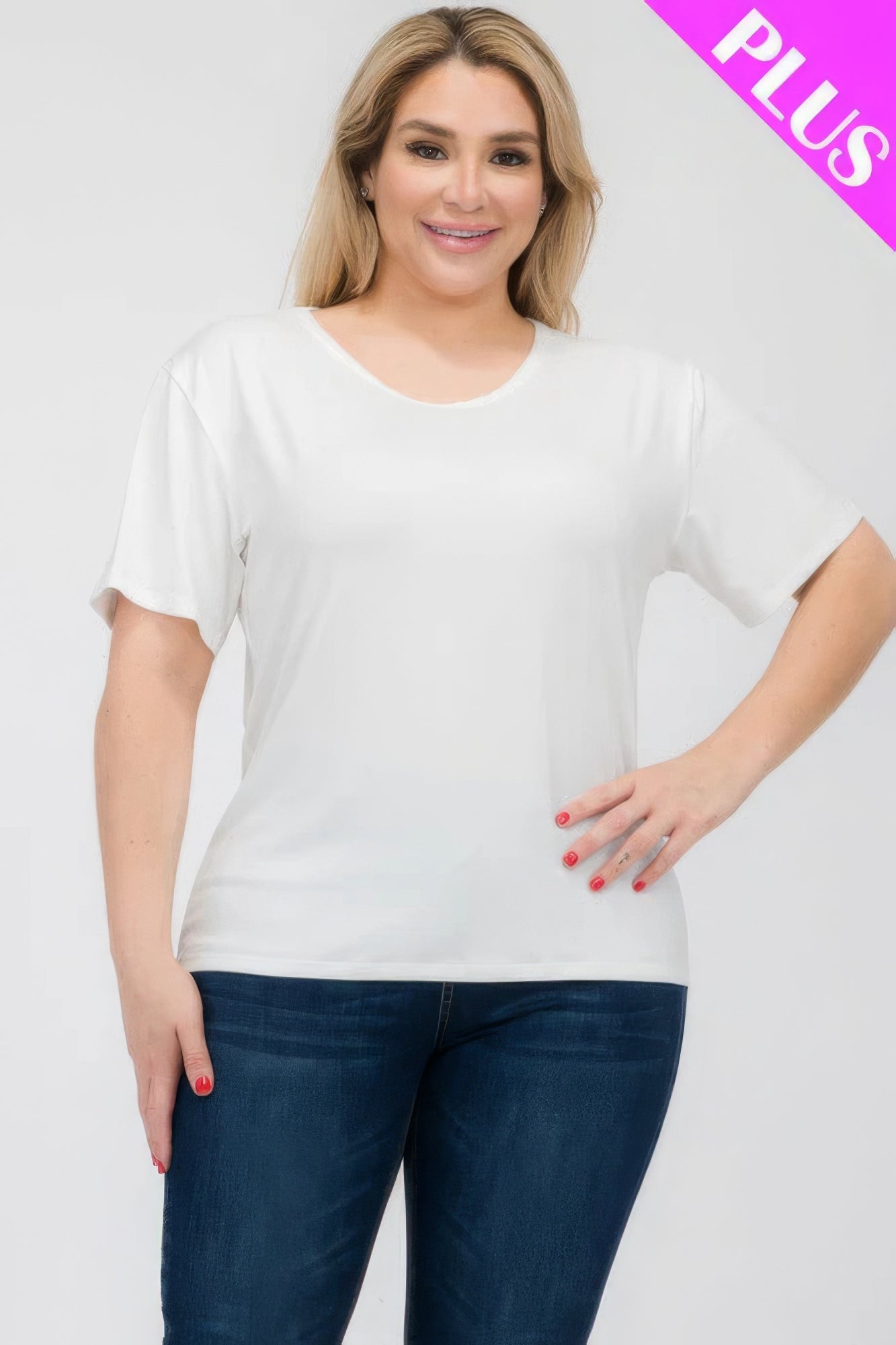 Front view of Plus Size Basic Short Sleeve T-shirt showing neckline and sleeve details (92% polyester and)