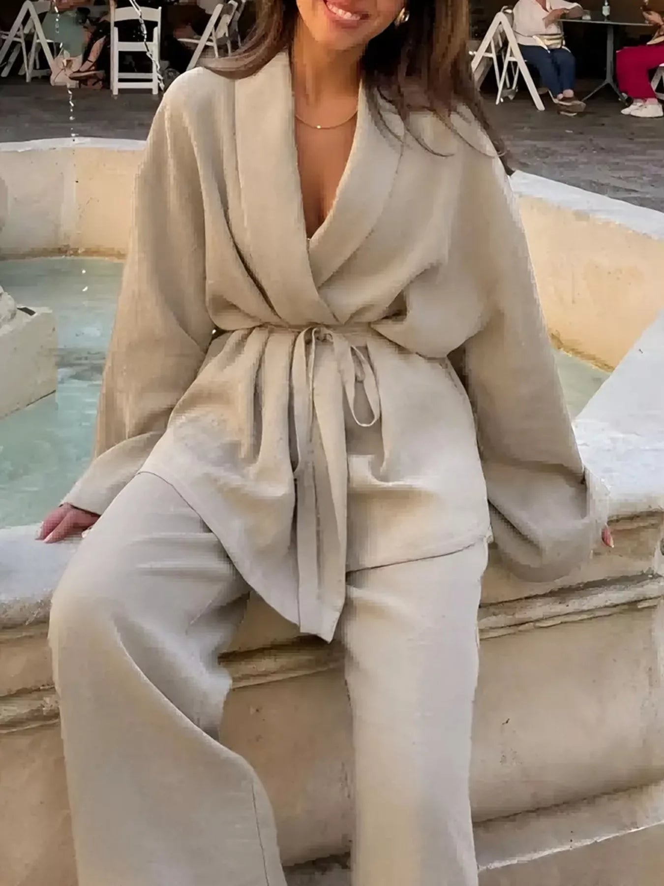 Plus Size Belt Long Sleeve Blazer and Pants Set - Rochelle's House LLC