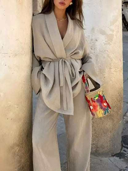 Plus Size Belt Long Sleeve Blazer and Pants Set - Rochelle's House LLC