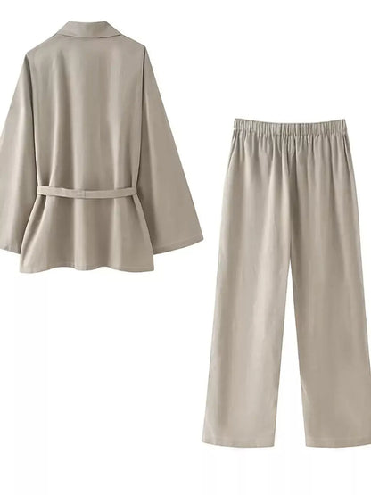 Plus Size Belt Long Sleeve Blazer and Pants Set - Rochelle's House LLC