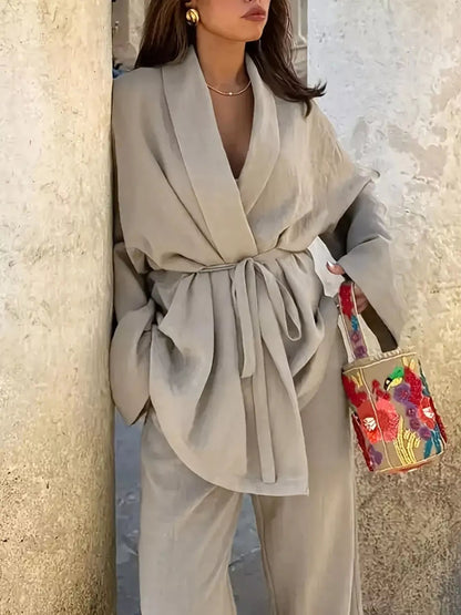 Plus Size Belt Long Sleeve Blazer and Pants Set - Rochelle's House LLC