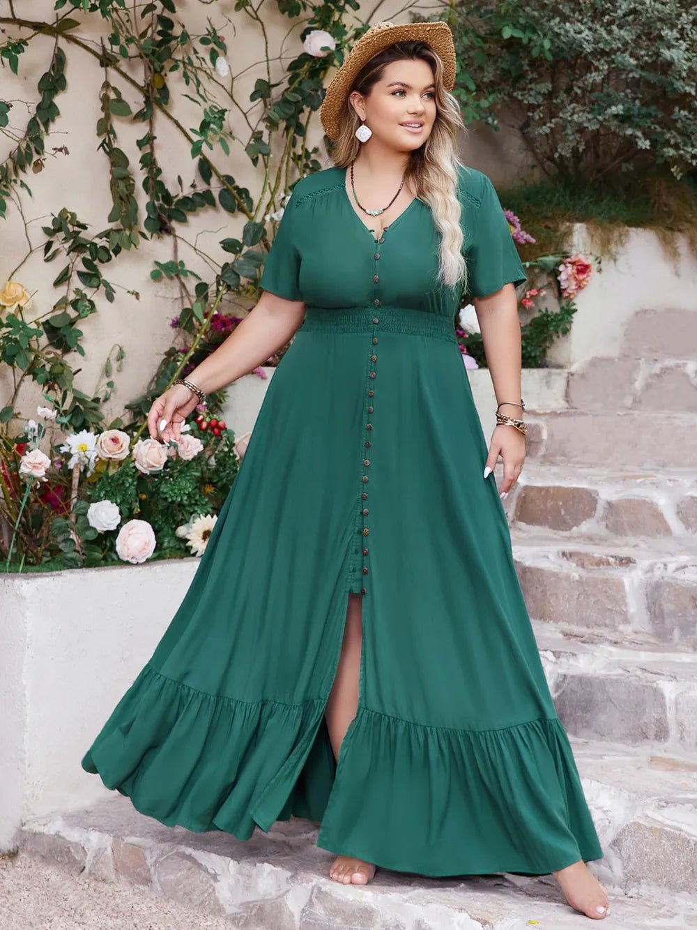 Front view of Plus Size Button Detail V-Neck Short Sleeve Maxi Dress in Deep Teal showing neckline and sleeve details