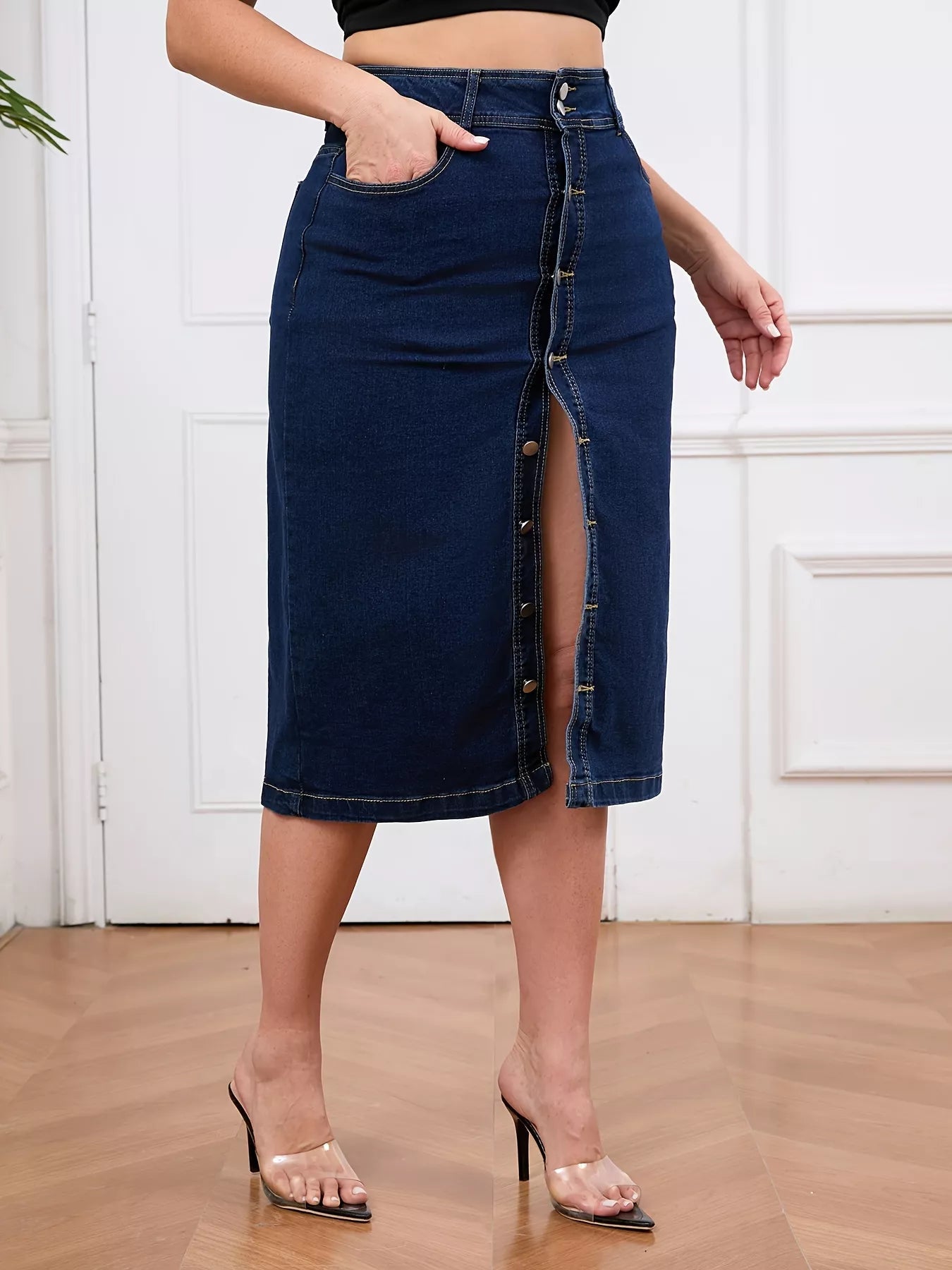 Plus Size Button - Front High Waist Denim Skirt - Rochelle's House LLC