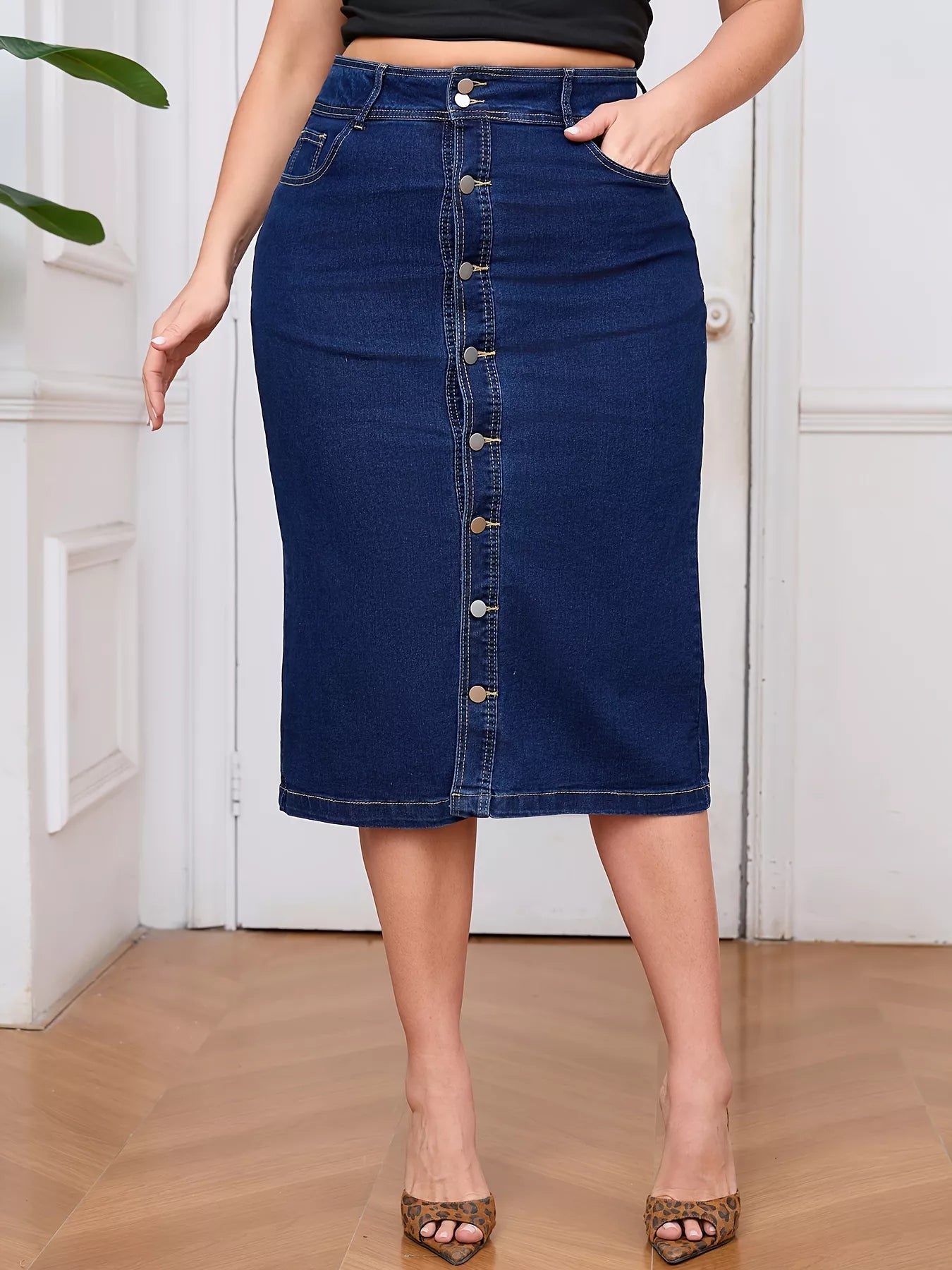 Plus Size Button - Front High Waist Denim Skirt - Rochelle's House LLC