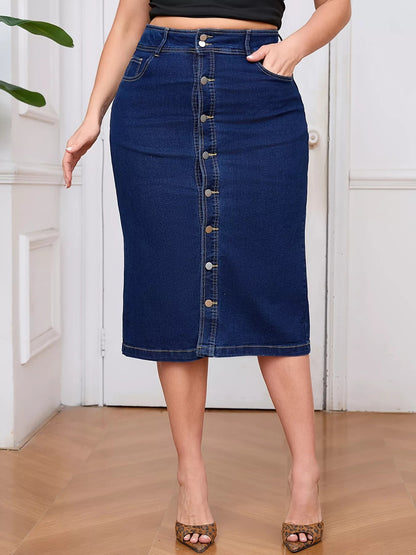 Plus Size Button - Front High Waist Denim Skirt - Rochelle's House LLC
