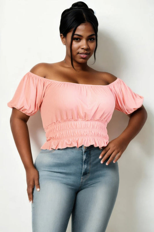Front view of Plus size casual ruched puff sleeve ribbed knit solid top showing neckline and sleeve details