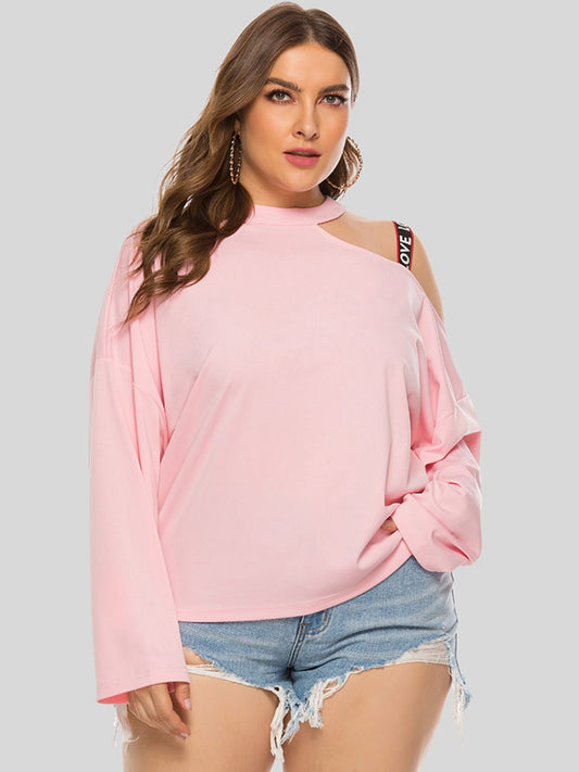 Front view of Plus Size Cold-Shoulder Round Neck Blouse in Blush Pink showing neckline and sleeve details