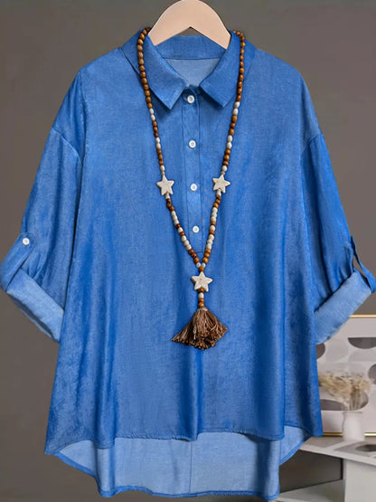 Plus Size Collared Neck Half Button Blouse - Rochelle's House LLC