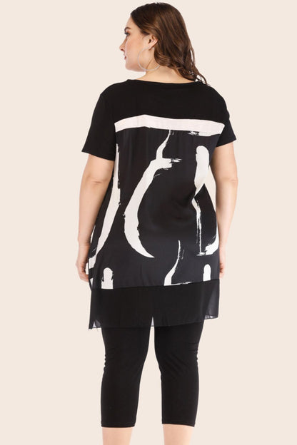 Plus Size Contrast Spliced Mesh T-Shirt and Cropped Leggings Set - Rochelle's House LLC