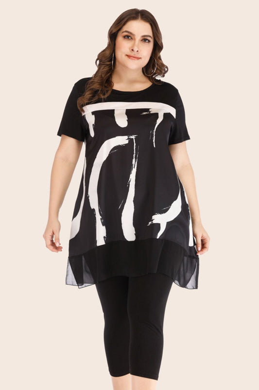Front view of Plus Size Contrast Spliced Mesh T-Shirt and Cropped Leggings Set in Black showing neckline and sleeve details