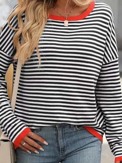 Plus Size Contrast Striped Long Sleeve Sweater - Rochelle's House LLC