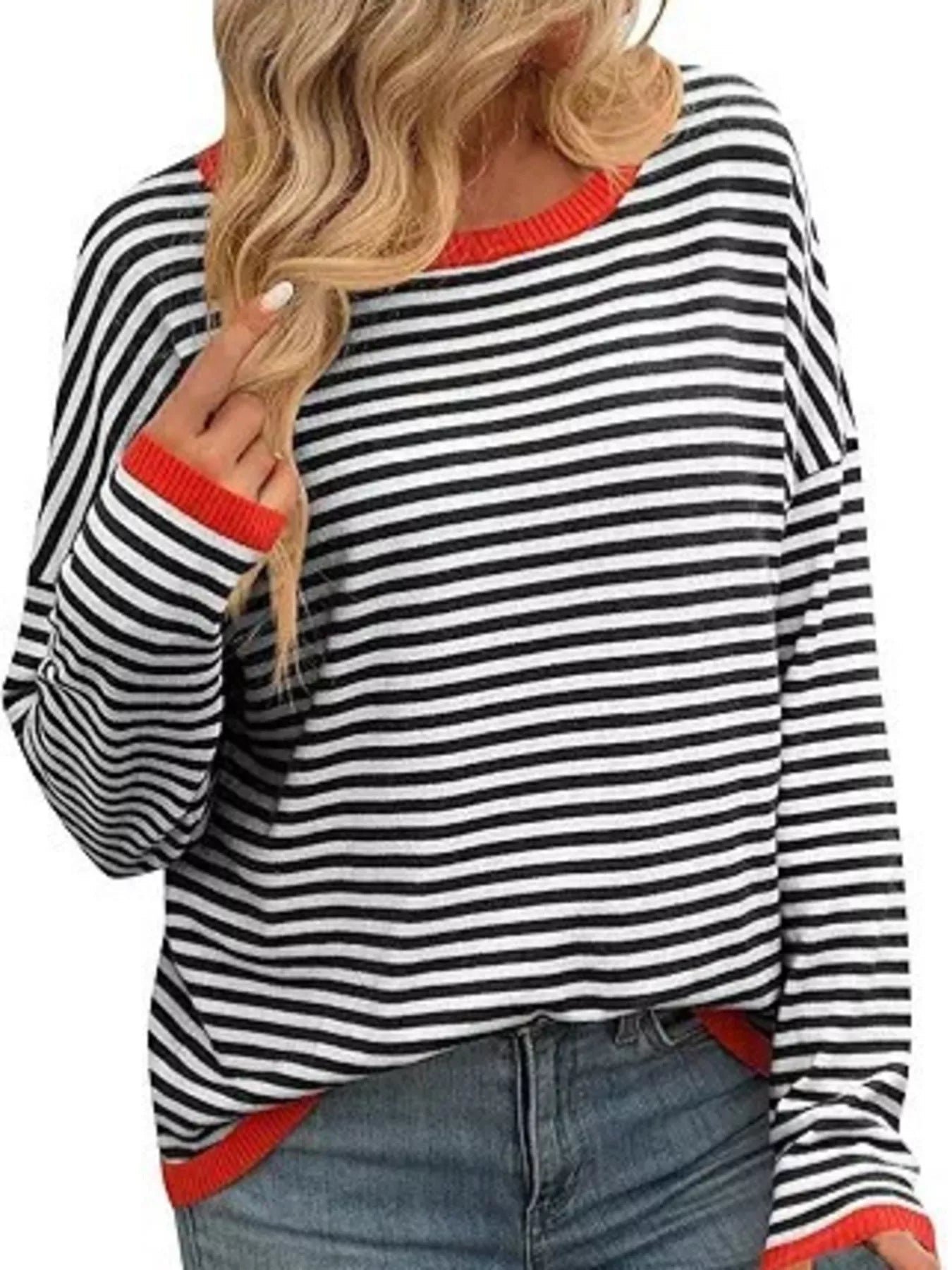 Plus Size Contrast Striped Long Sleeve Sweater - Rochelle's House LLC