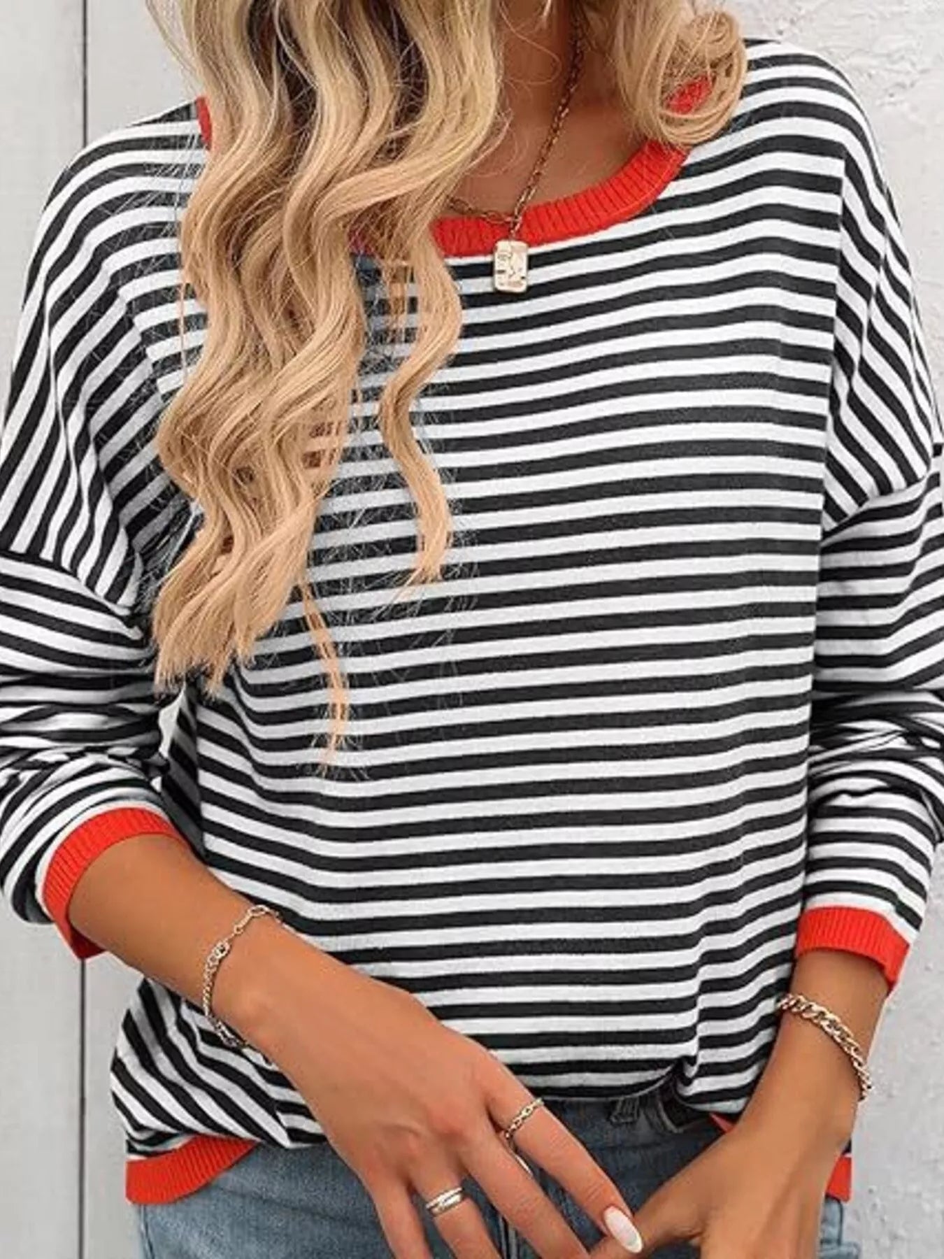 Plus Size Contrast Striped Long Sleeve Sweater - Rochelle's House LLC