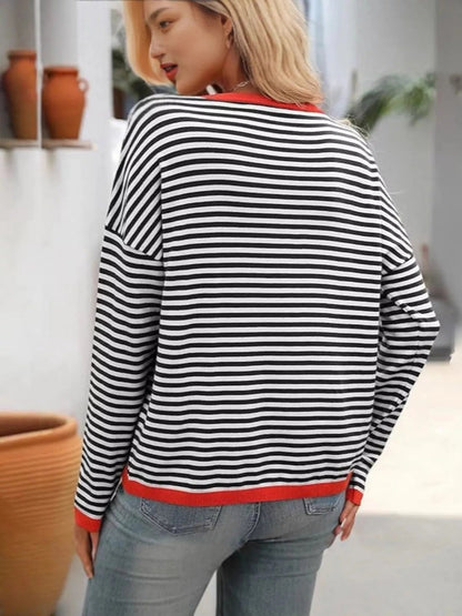 Plus Size Contrast Striped Long Sleeve Sweater - Rochelle's House LLC