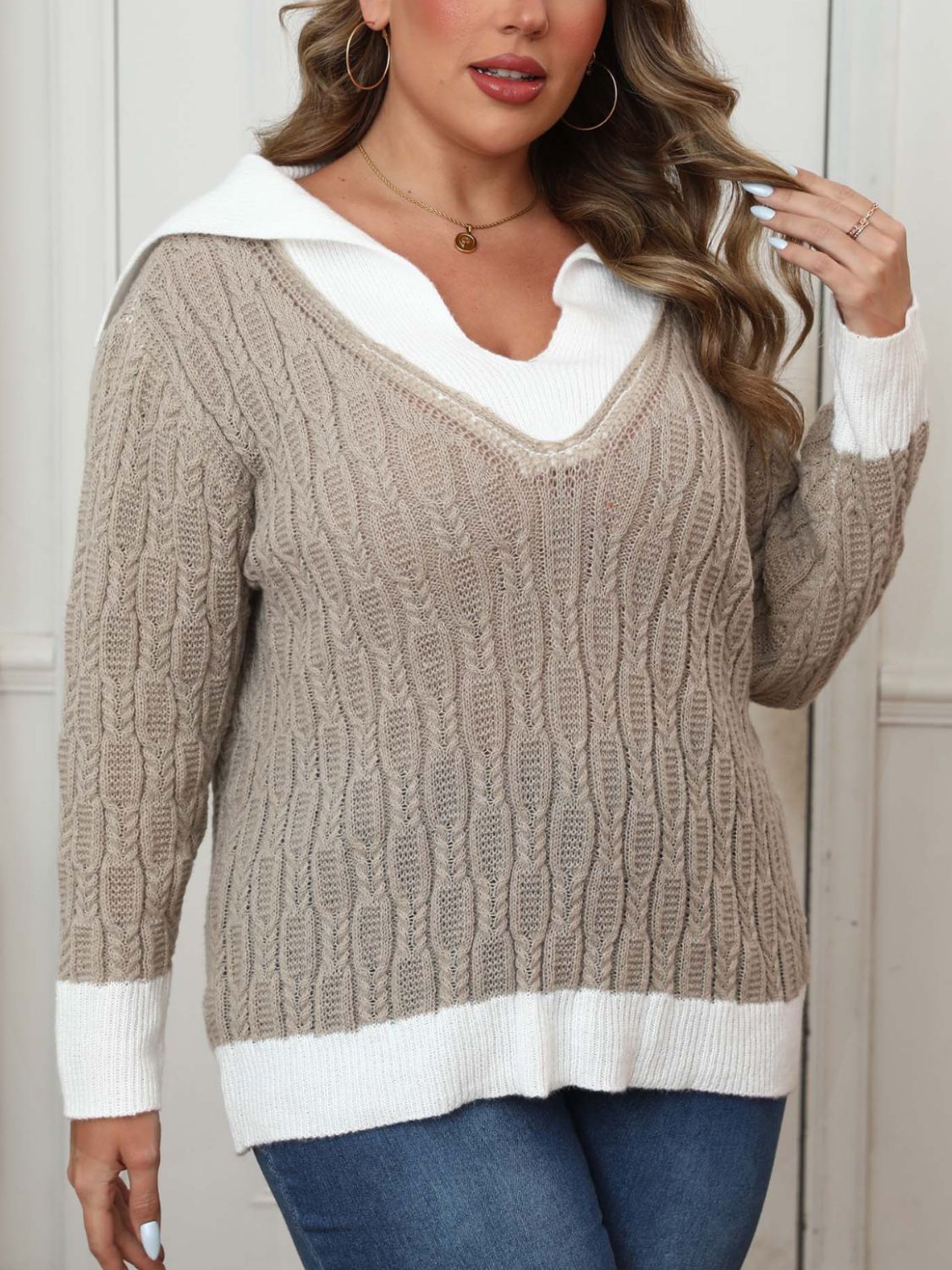 Plus Size Contrast Trim Collared Neck Sweater - Rochelle's House LLC