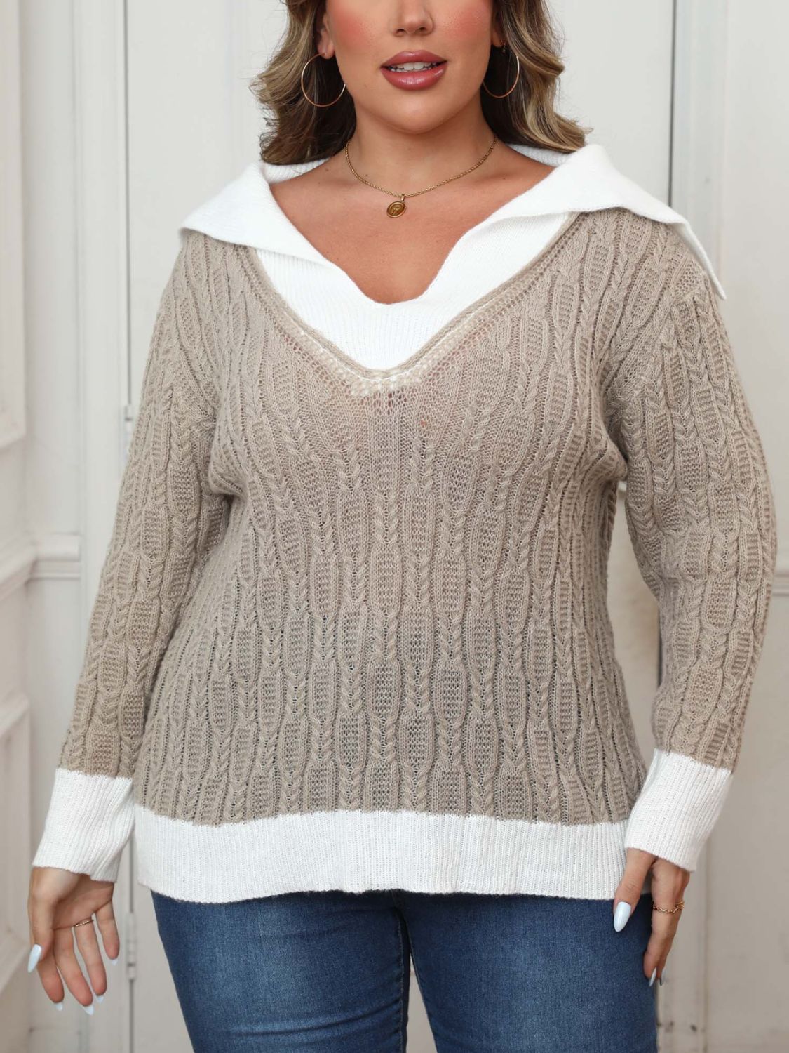 Plus Size Contrast Trim Collared Neck Sweater - Rochelle's House LLC