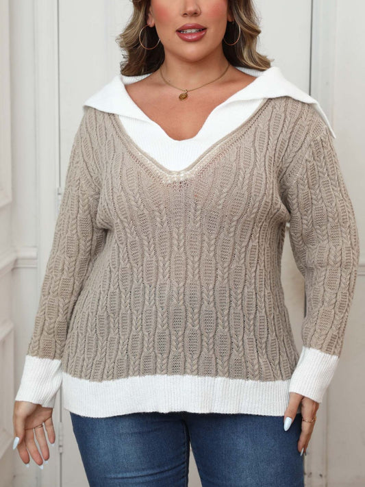Plus Size Contrast Trim Collared Neck Sweater - Rochelle's House LLC