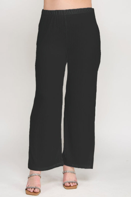 Front view of Plus Size Crinkle Knit Pants showing neckline and sleeve details (97% polyester and)