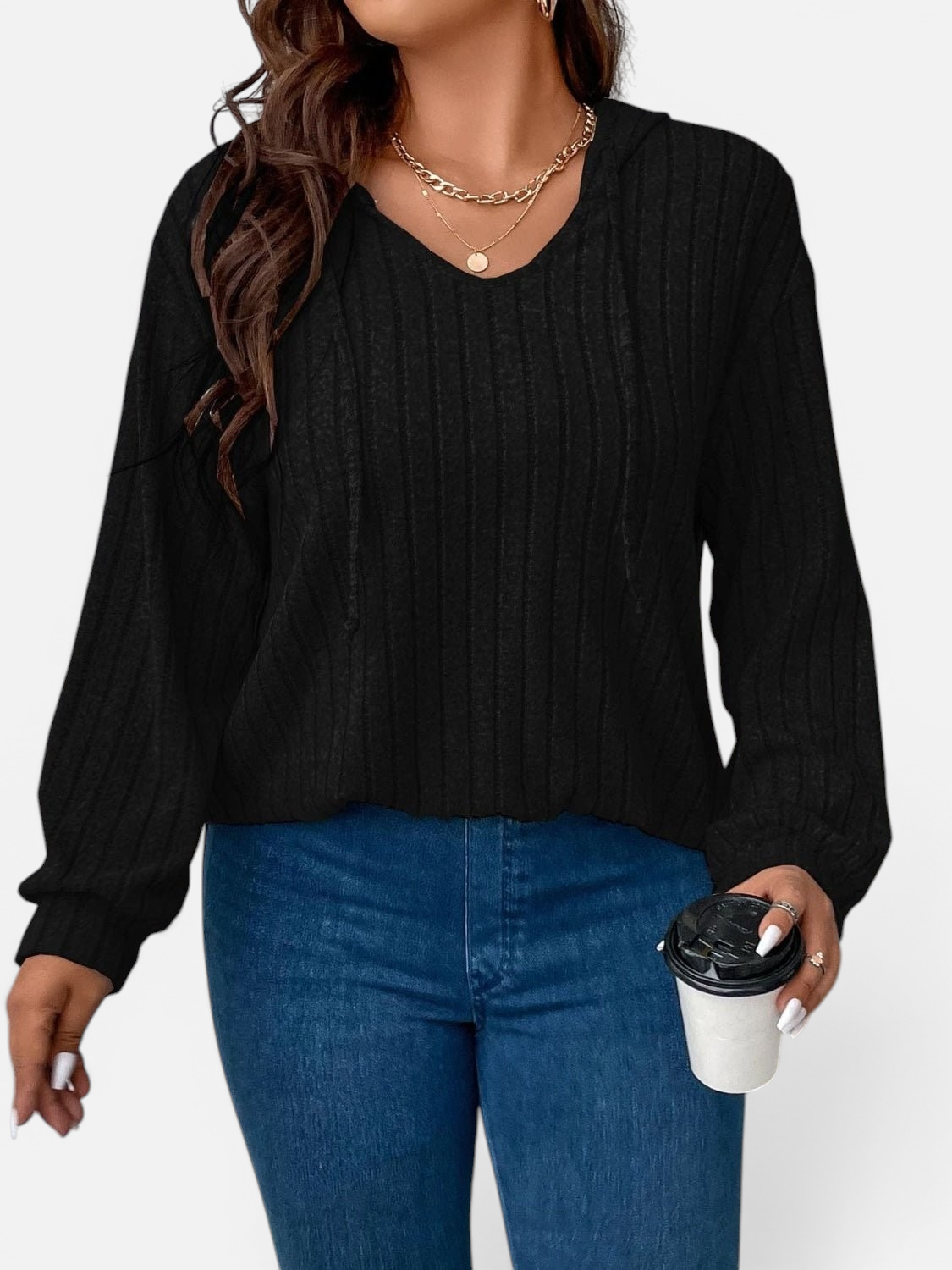 Front view of Plus Size Drawstring Dropped Shoulder Hooded T-Shirt in Black showing neckline and sleeve details