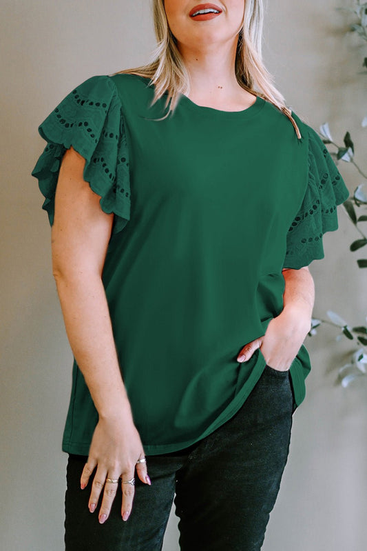 Plus Size Eyelet Round Neck Short Sleeve Blouse - Rochelle's House LLC