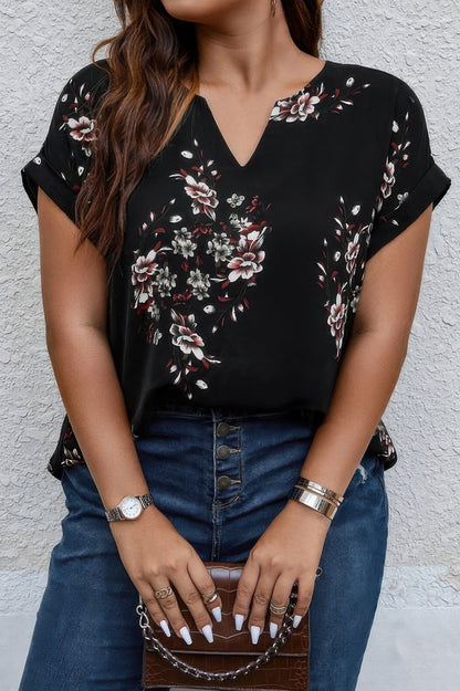 Front view of Plus Size Floral Print V Neck Loose Blouse showing neckline and sleeve details (100% polyester)