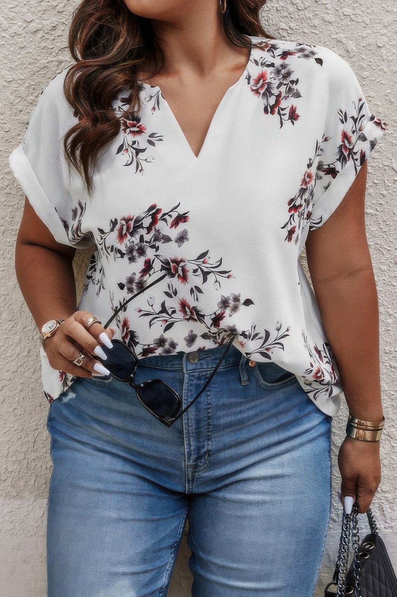 Front view of Plus Size Floral Print V Neck Loose Blouse showing neckline and sleeve details