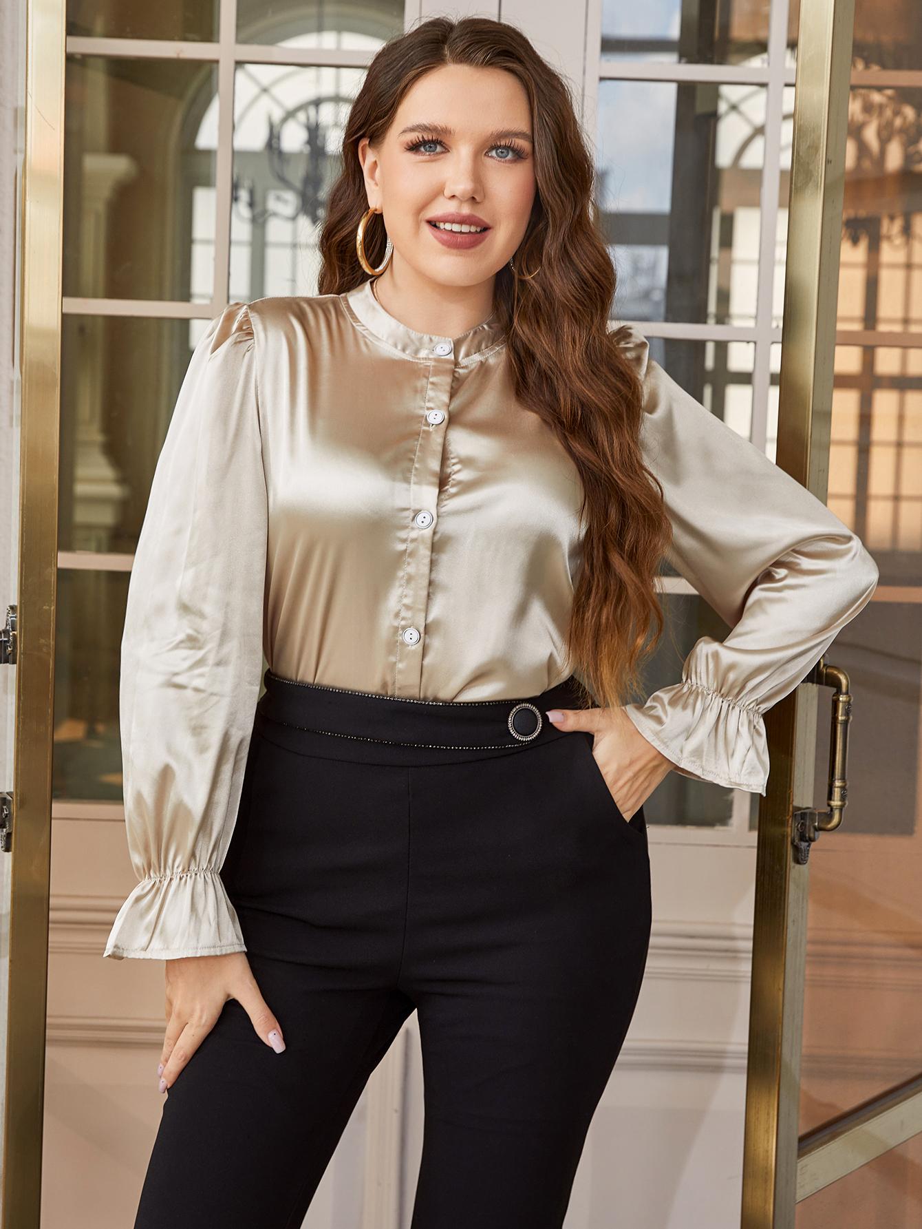 Plus Size Flounce Sleeve Band Collar Shirt - Rochelle's House LLC