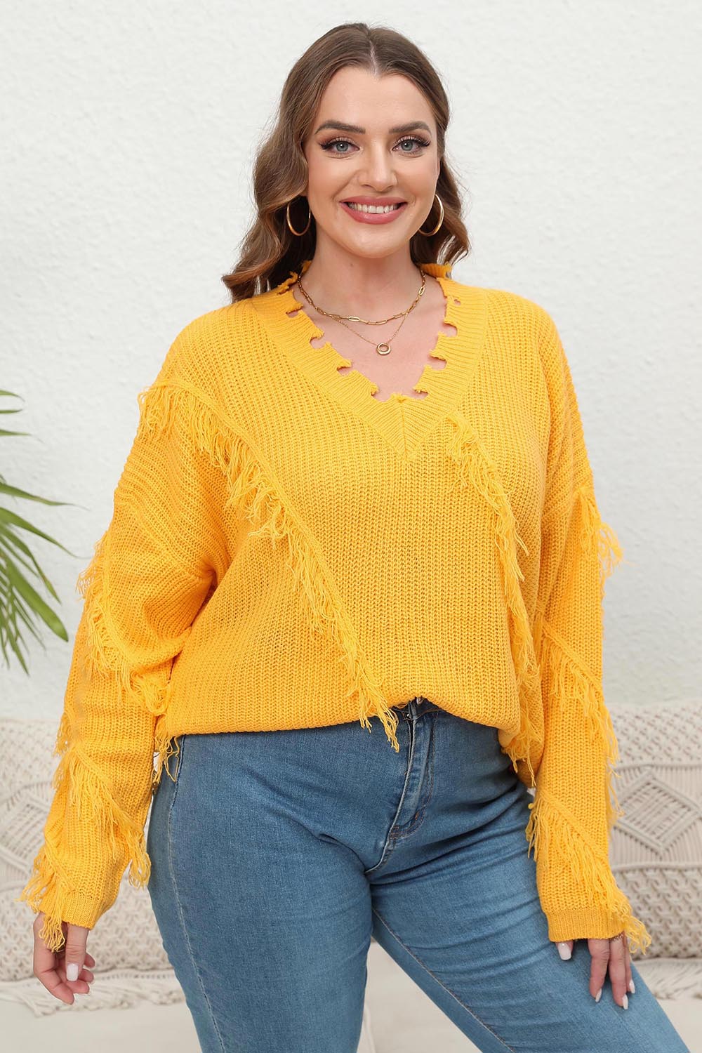 Front view of Plus Size Fringe V-Neck Long Sleeve Sweater in Banana Yellow showing neckline and sleeve details