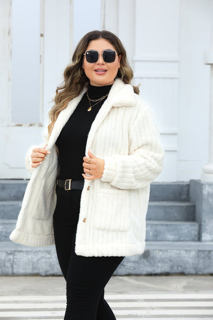 Plus Size Fuzzy Collared Neck Long Sleeve Jacket - Rochelle's House LLC