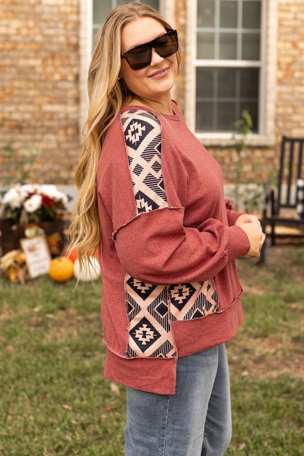 Plus Size Geometric Round Neck Long Sleeve Sweatshirt - Rochelle's House LLC