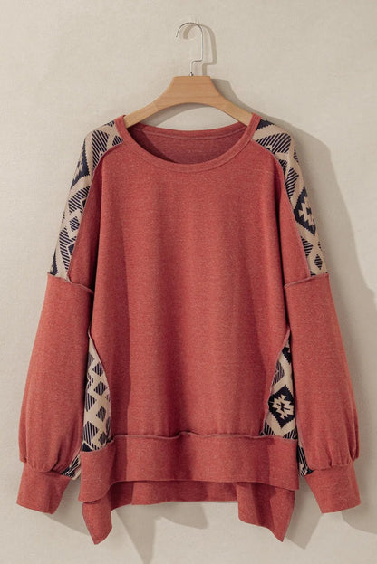 Plus Size Geometric Round Neck Long Sleeve Sweatshirt - Rochelle's House LLC