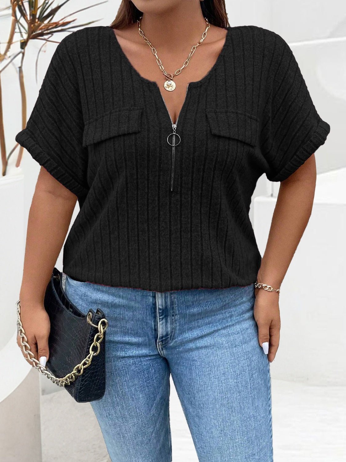 Plus Size Half Zip Short Sleeve T-Shirt - Rochelle's House LLC