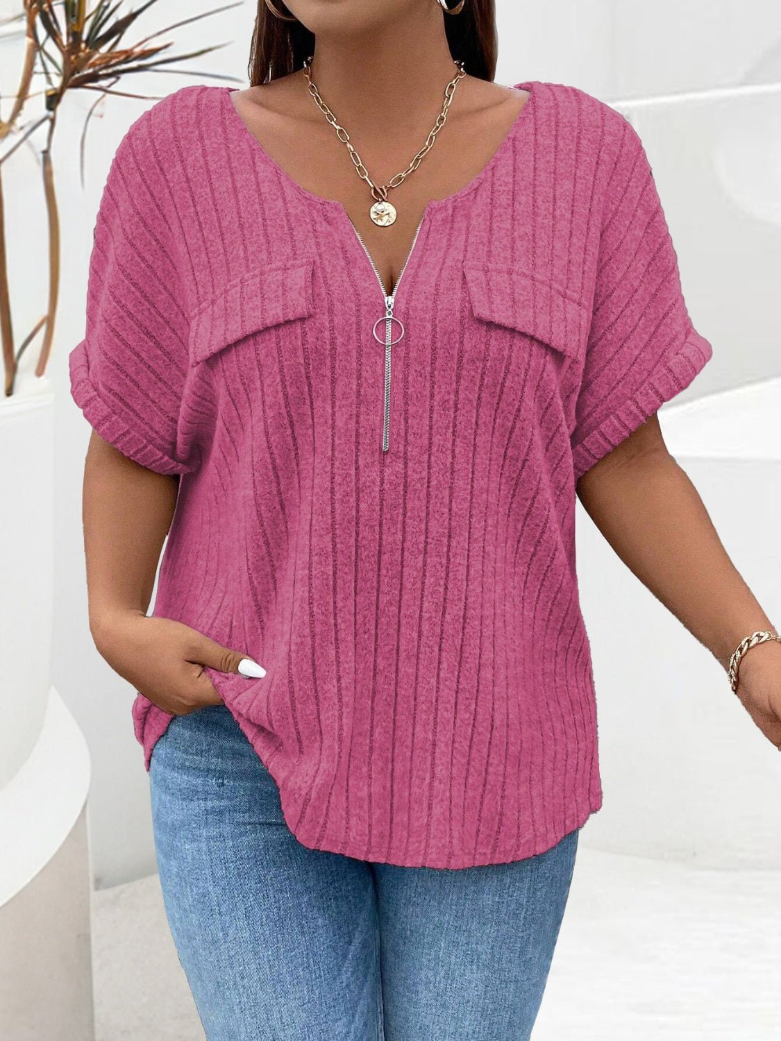 Plus Size Half Zip Short Sleeve T-Shirt - Rochelle's House LLC