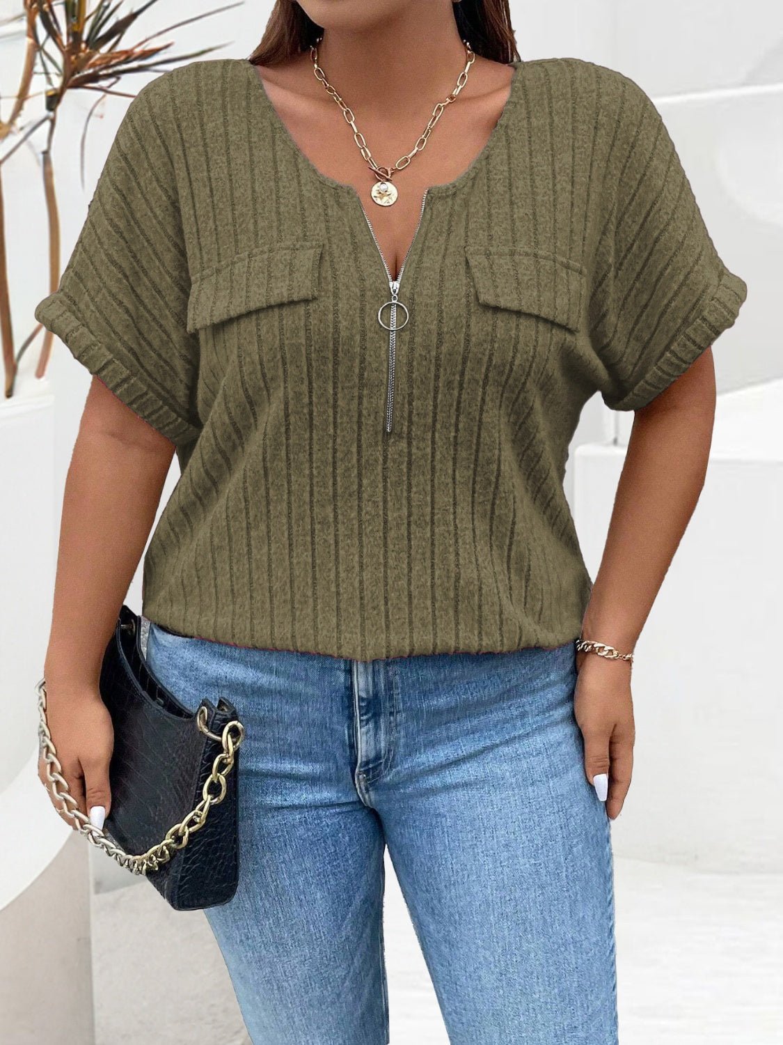 Plus Size Half Zip Short Sleeve T-Shirt - Rochelle's House LLC