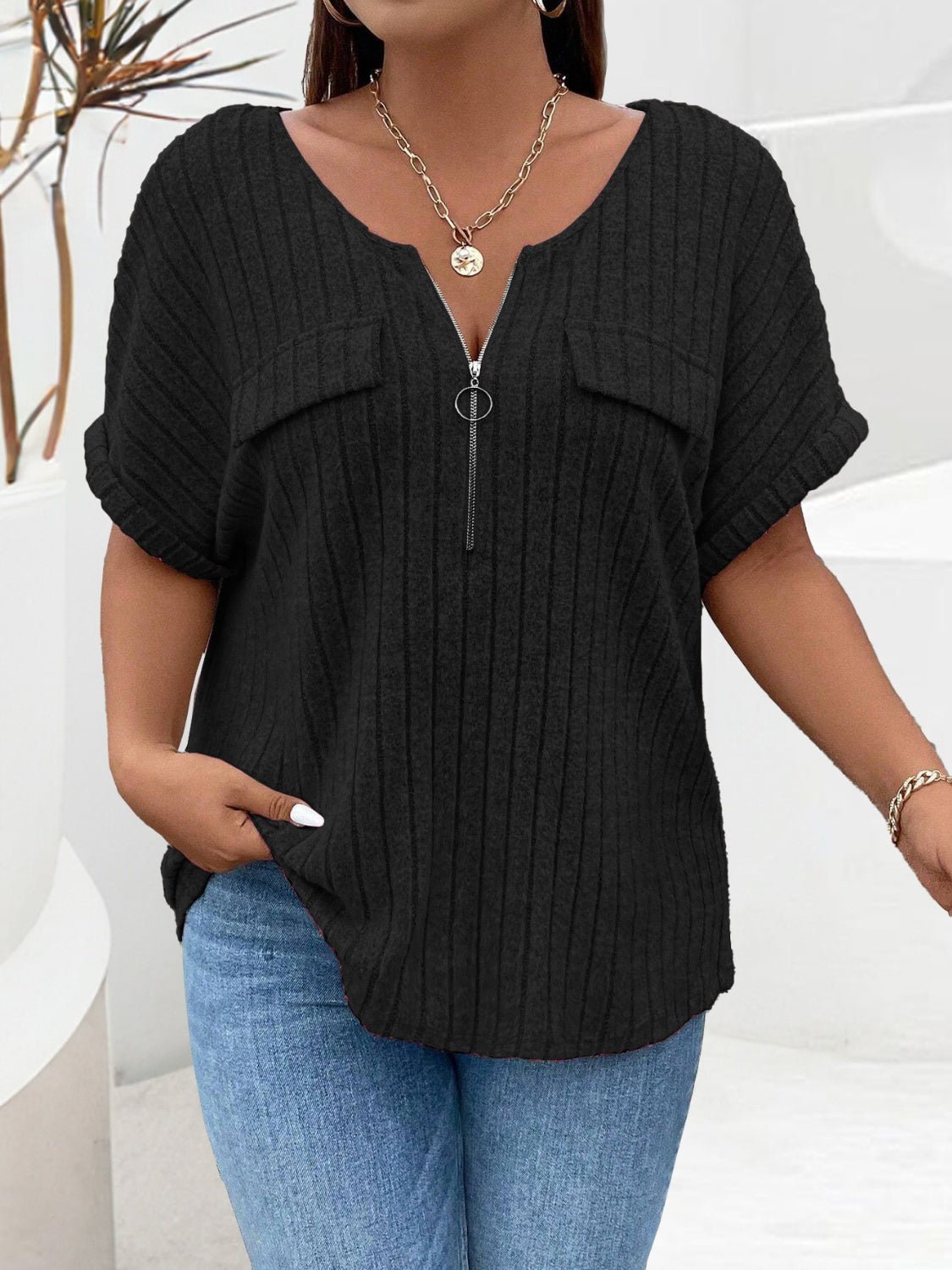 Plus Size Half Zip Short Sleeve T-Shirt - Rochelle's House LLC