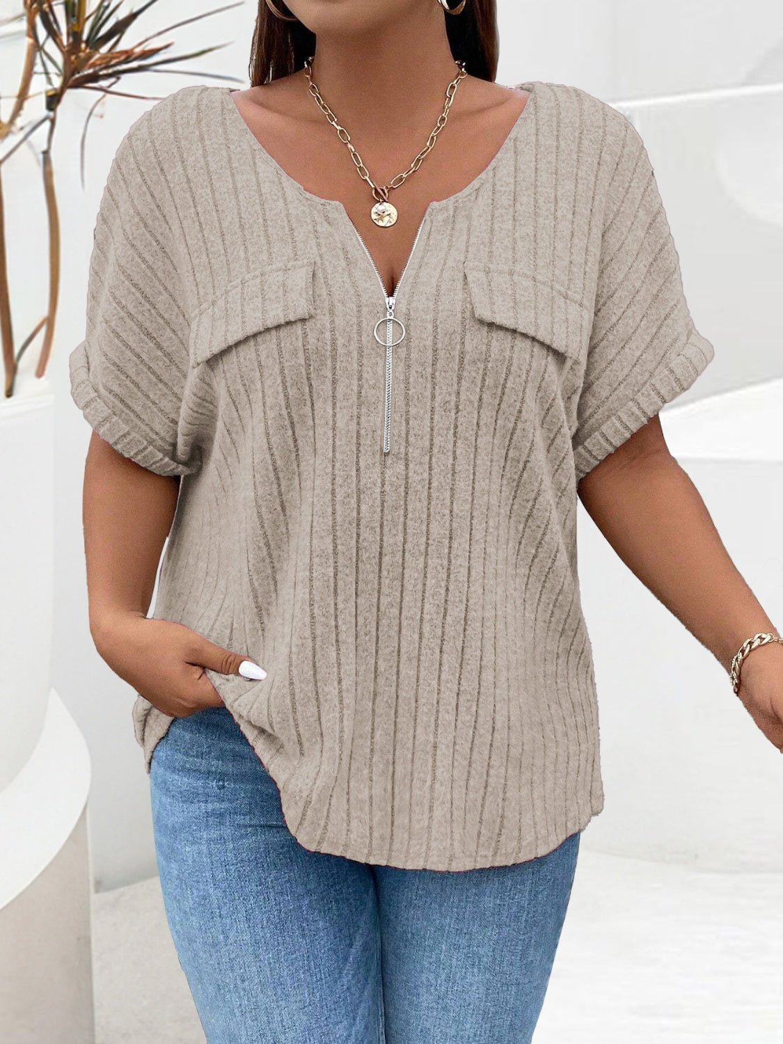 Plus Size Half Zip Short Sleeve T-Shirt - Rochelle's House LLC