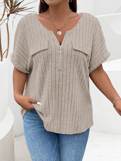 Plus Size Half Zip Short Sleeve T-Shirt - Rochelle's House LLC