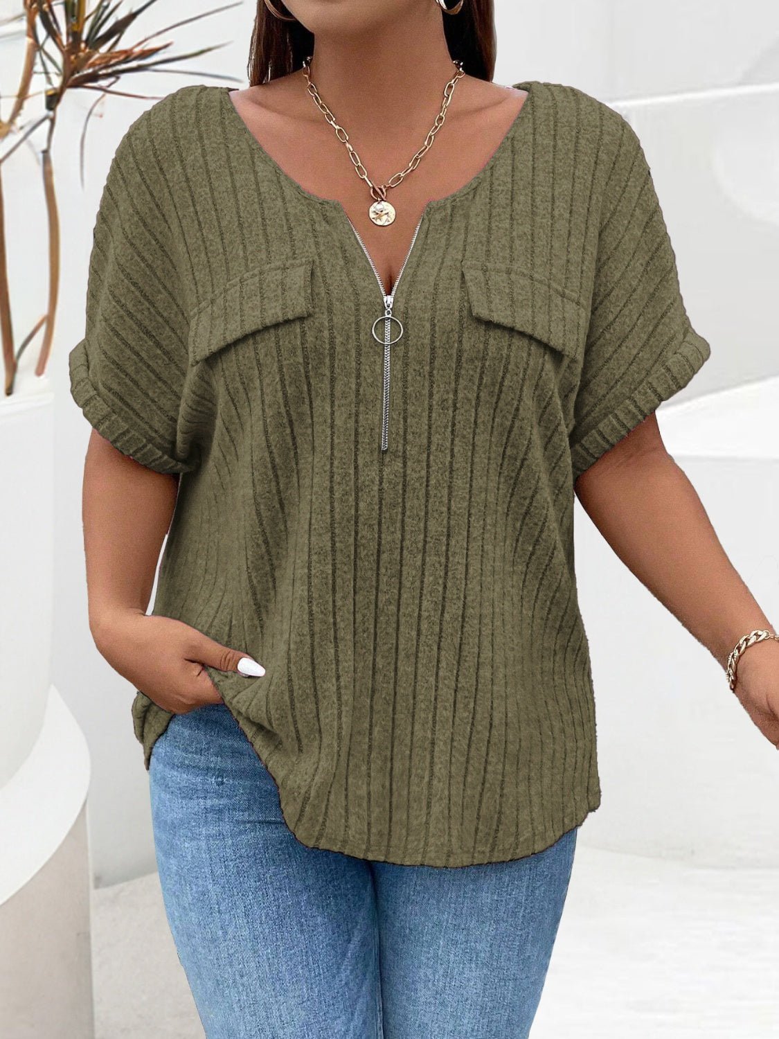 Plus Size Half Zip Short Sleeve T-Shirt - Rochelle's House LLC