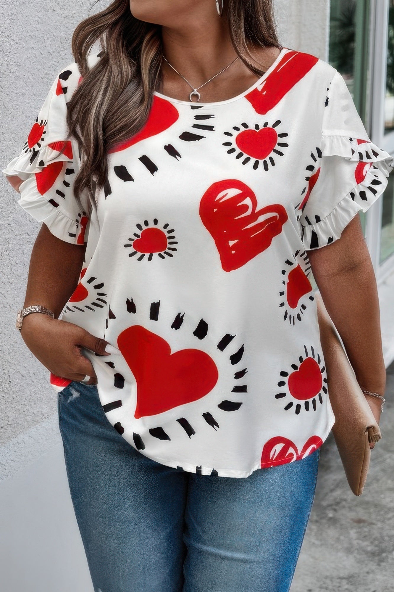 Front view of Plus Size Heart Print Ruffle Hem Sleeve Shirt showing neckline and sleeve details