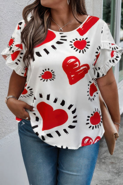 Front view of Plus Size Heart Print Ruffle Hem Sleeve Shirt showing neckline and sleeve details