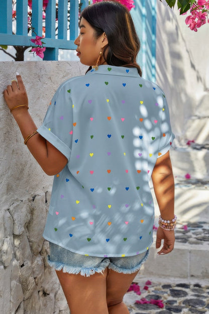 Plus Size Hearts Print Button Down Loose Blouse - Rochelle's House LLC