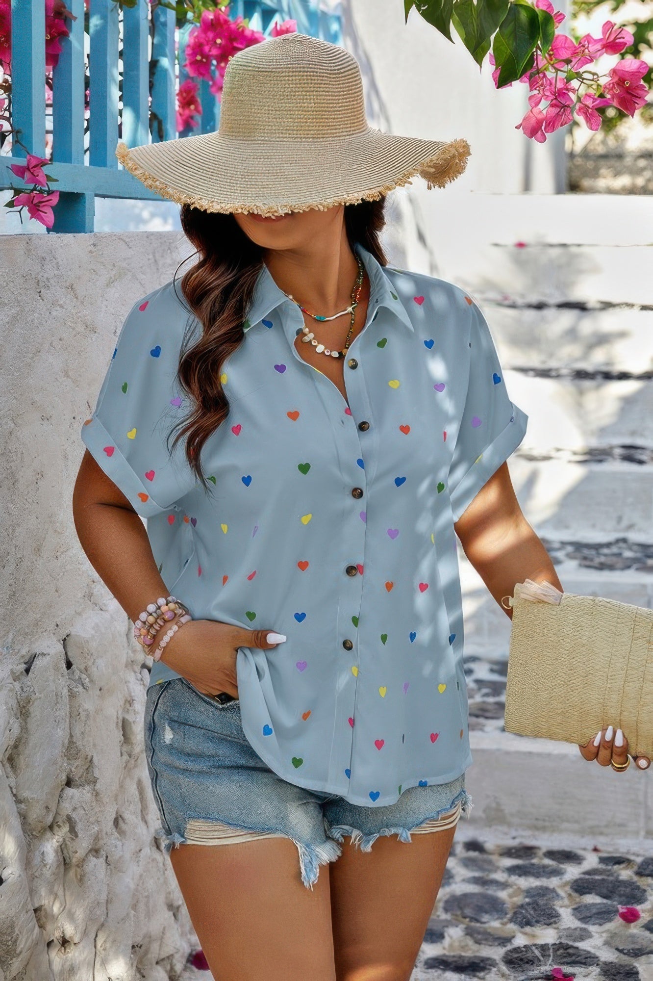 Plus Size Hearts Print Button Down Loose Blouse - Rochelle's House LLC