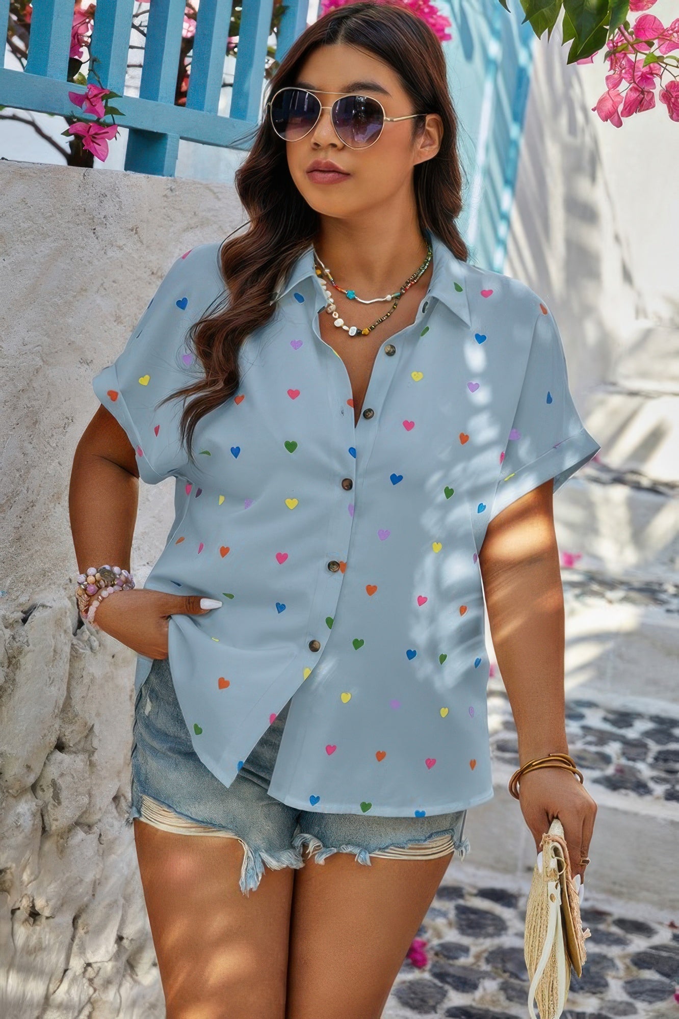 Plus Size Hearts Print Button Down Loose Blouse - Rochelle's House LLC