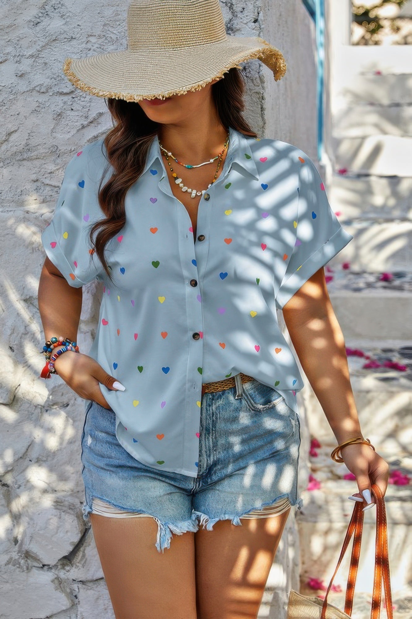 Plus Size Hearts Print Button Down Loose Blouse - Rochelle's House LLC