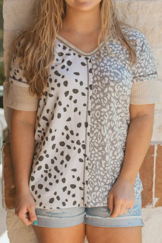 Plus Size Heather Gray Leopard V - Neck Short Sleeve T-Shirt - Rochelle's House LLC