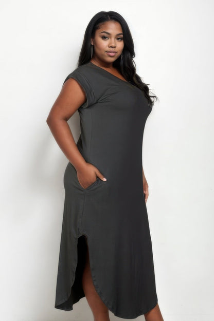 Plus Size Hidden Pocket Batwing Sleeve V Neck Long Dress - Rochelle's House LLC